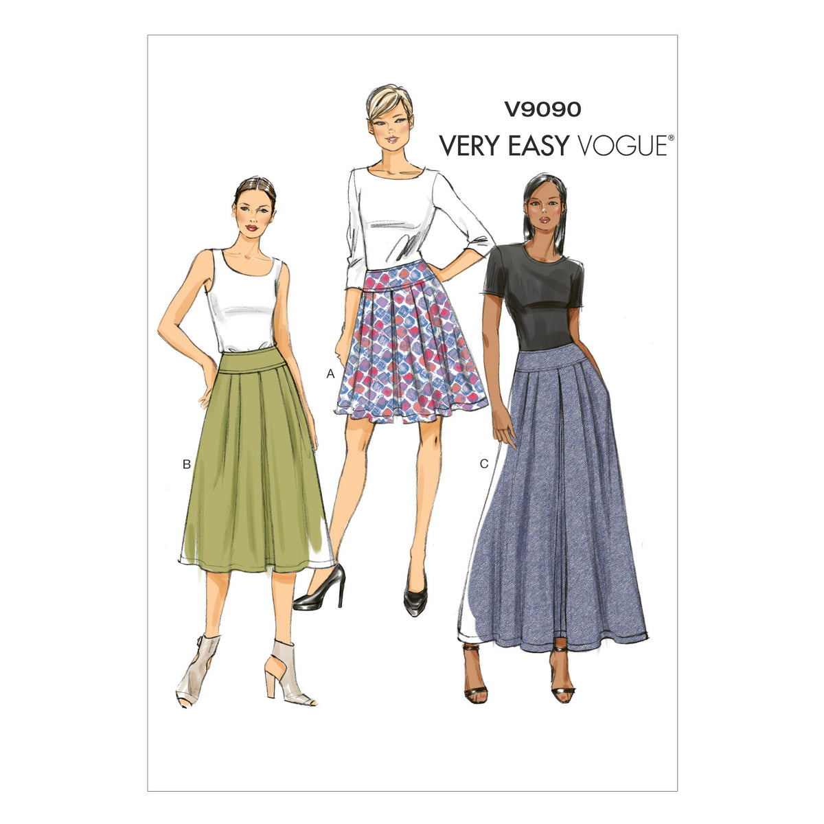 Vogue Patterns V9090 envelope showing misses' pleated skirt designs