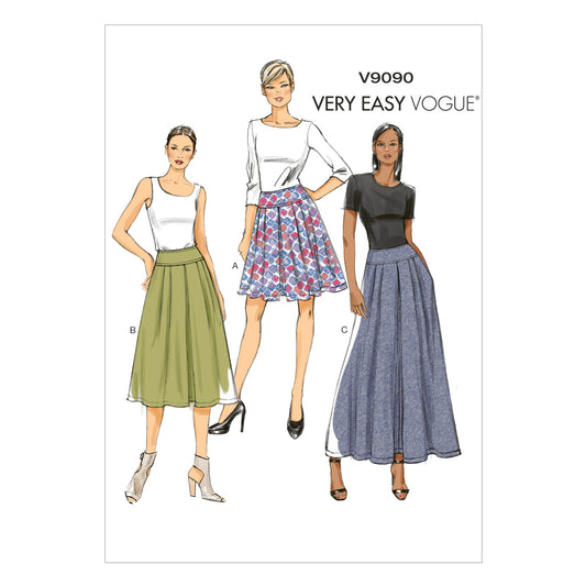 Vogue Patterns V9090 envelope showing misses' pleated skirt designs