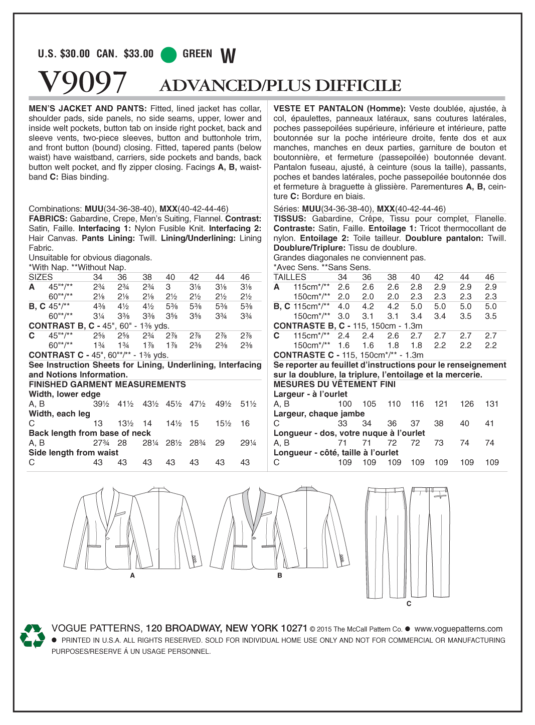 Vogue Patterns V9097 envelope showing men's lined jacket designs