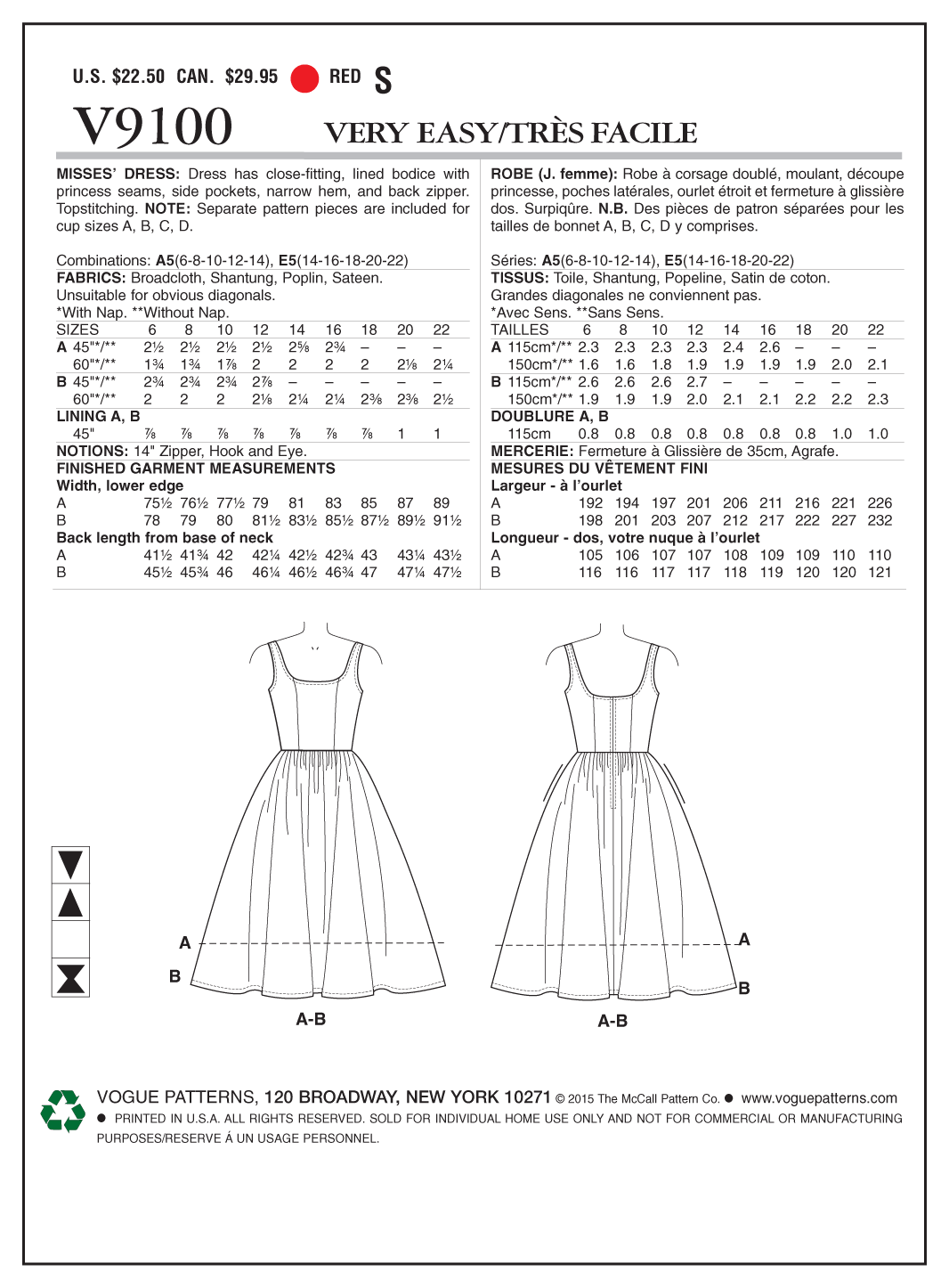 Vogue Patterns V9100 envelope showing misses' sleeveless dress designs