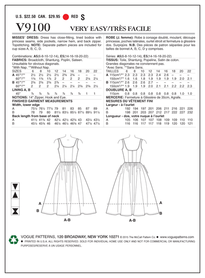 Vogue Patterns V9100 envelope showing misses' sleeveless dress designs