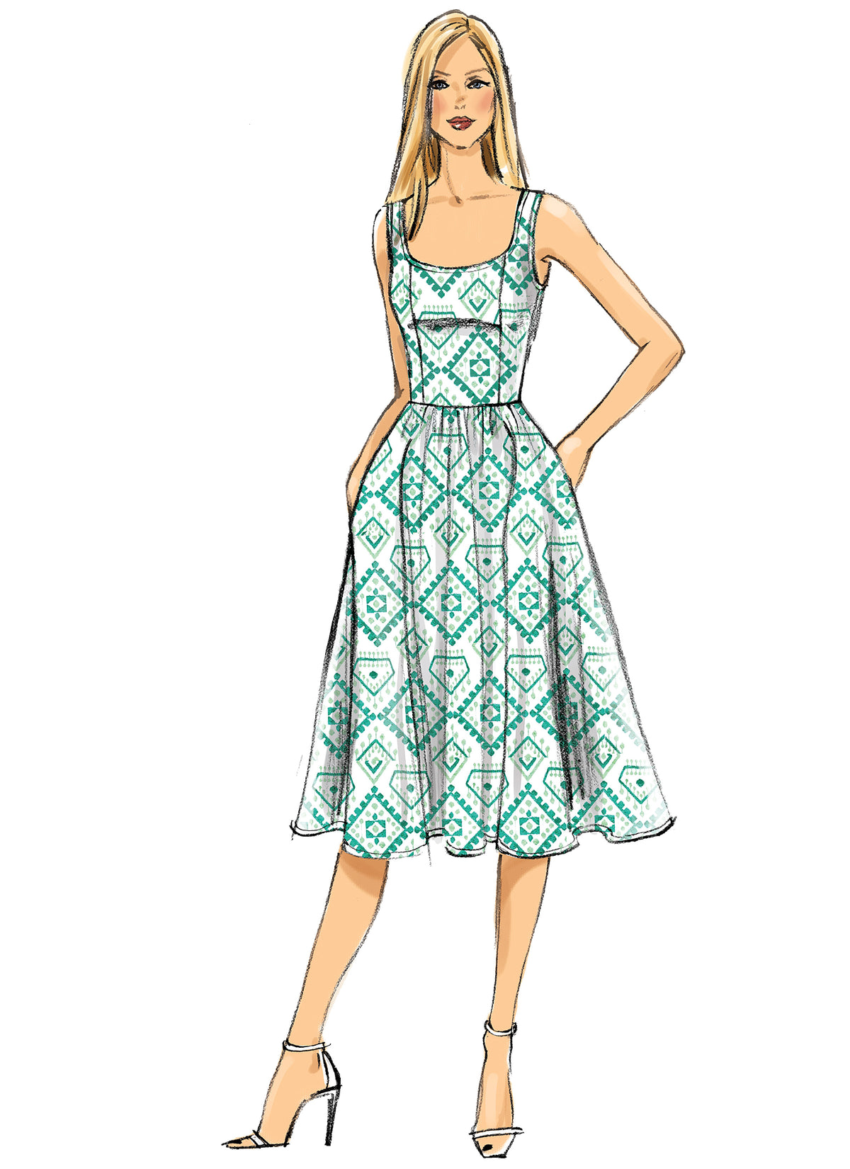Vogue Patterns V9100 envelope showing misses' sleeveless dress designs