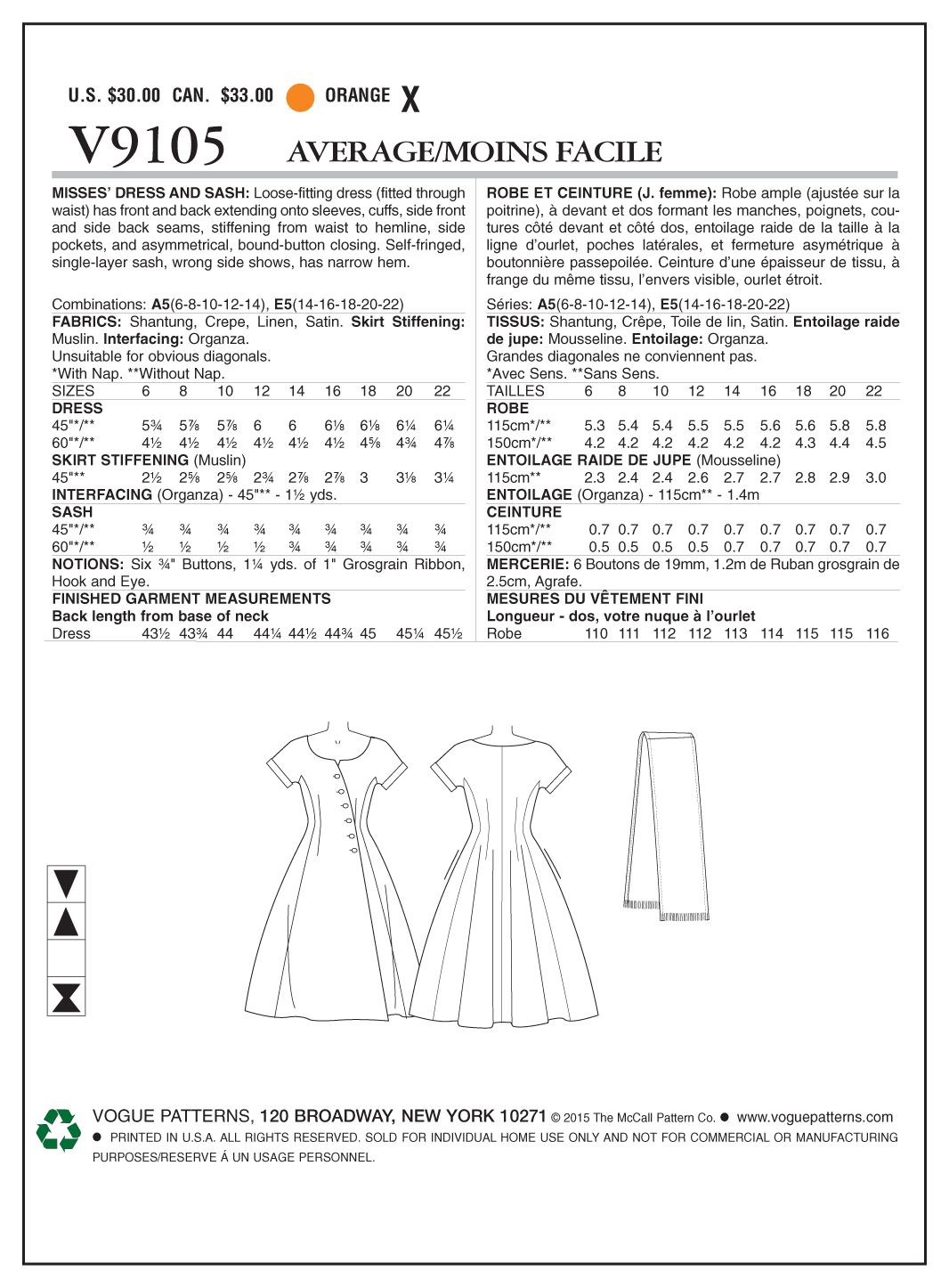 Vogue Patterns V9105 envelope showing misses' loose-fitting dress designs