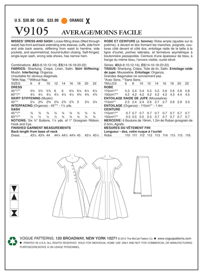 Vogue Patterns V9105 envelope showing misses' loose-fitting dress designs