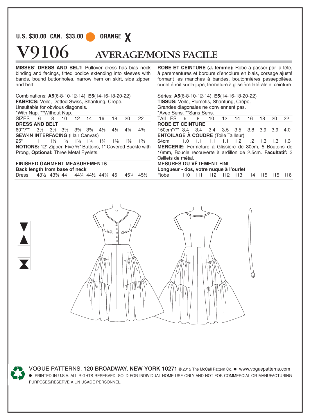 Vogue Patterns V9106 envelope showing misses' tiered pullover dress designs