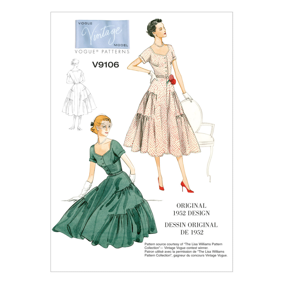 Vogue Patterns V9106 envelope showing misses' tiered pullover dress designs