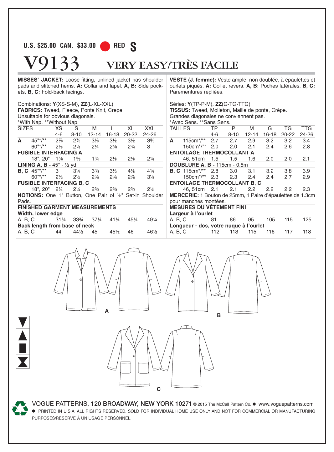 Vogue Patterns V9133 envelope showing misses' unlined jacket designs