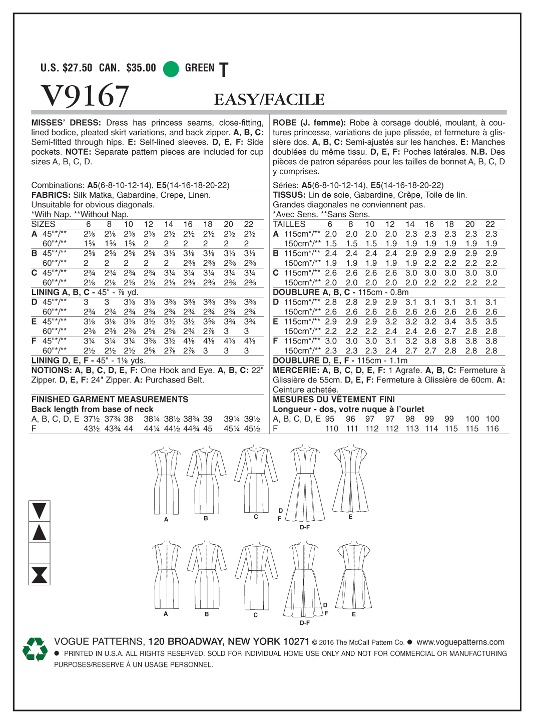 Vogue Patterns V9167 envelope showing misses' pleated skirt dress designs
