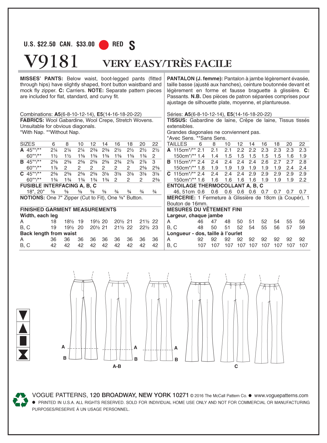 Vogue Patterns V9181 envelope showing misses' boot-leg trousers designs