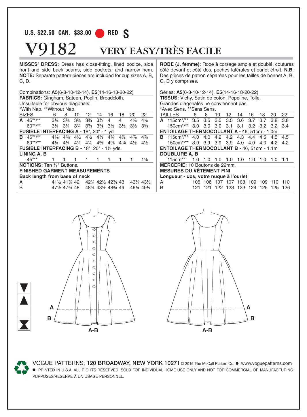 Vogue Patterns V9182 envelope showing misses' sleeveless button-front dress designs