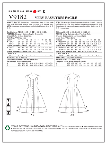 Vogue Patterns V9182 envelope showing misses' sleeveless button-front dress designs