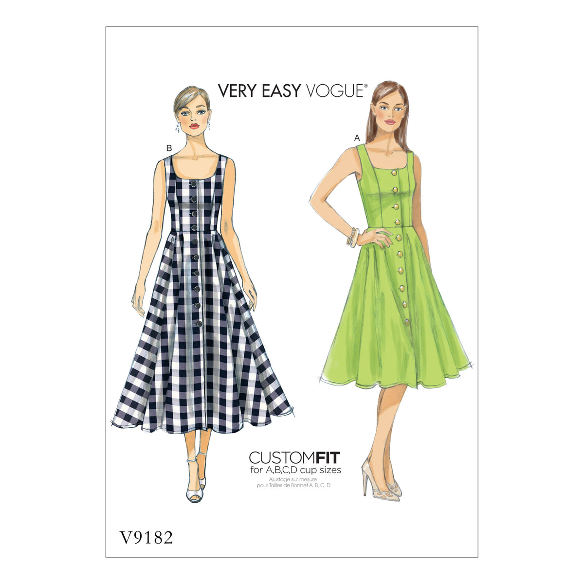 Vogue Patterns V9182 envelope showing misses' sleeveless button-front dress designs