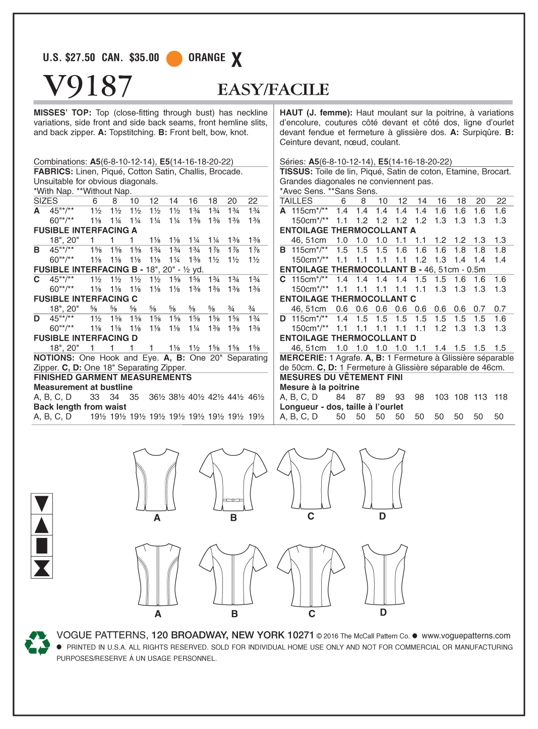Vogue Patterns V9187 envelope showing misses' top designs