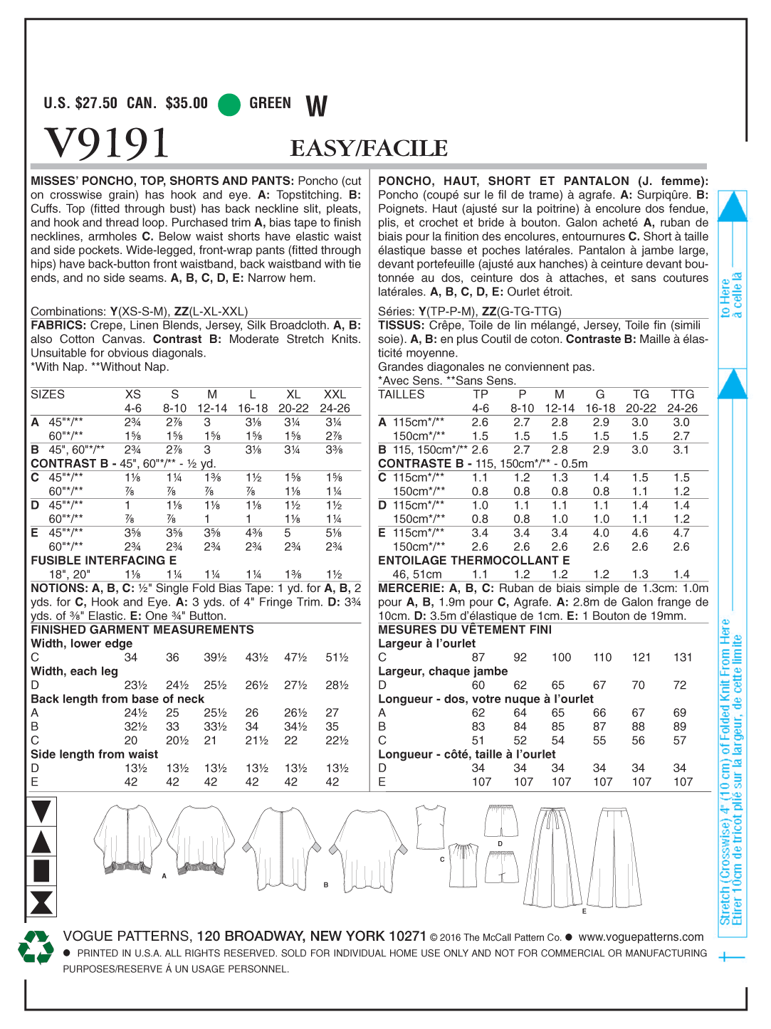 Vogue Patterns V9191 envelope showing misses' poncho designs
