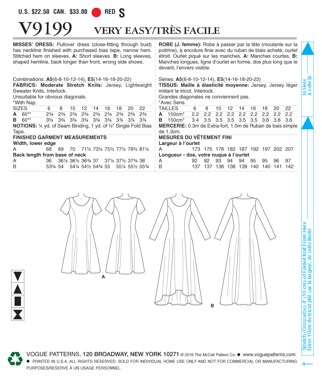 Vogue Patterns V9199 envelope showing misses' pullover dress designs