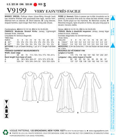 Vogue Patterns V9199 envelope showing misses' pullover dress designs