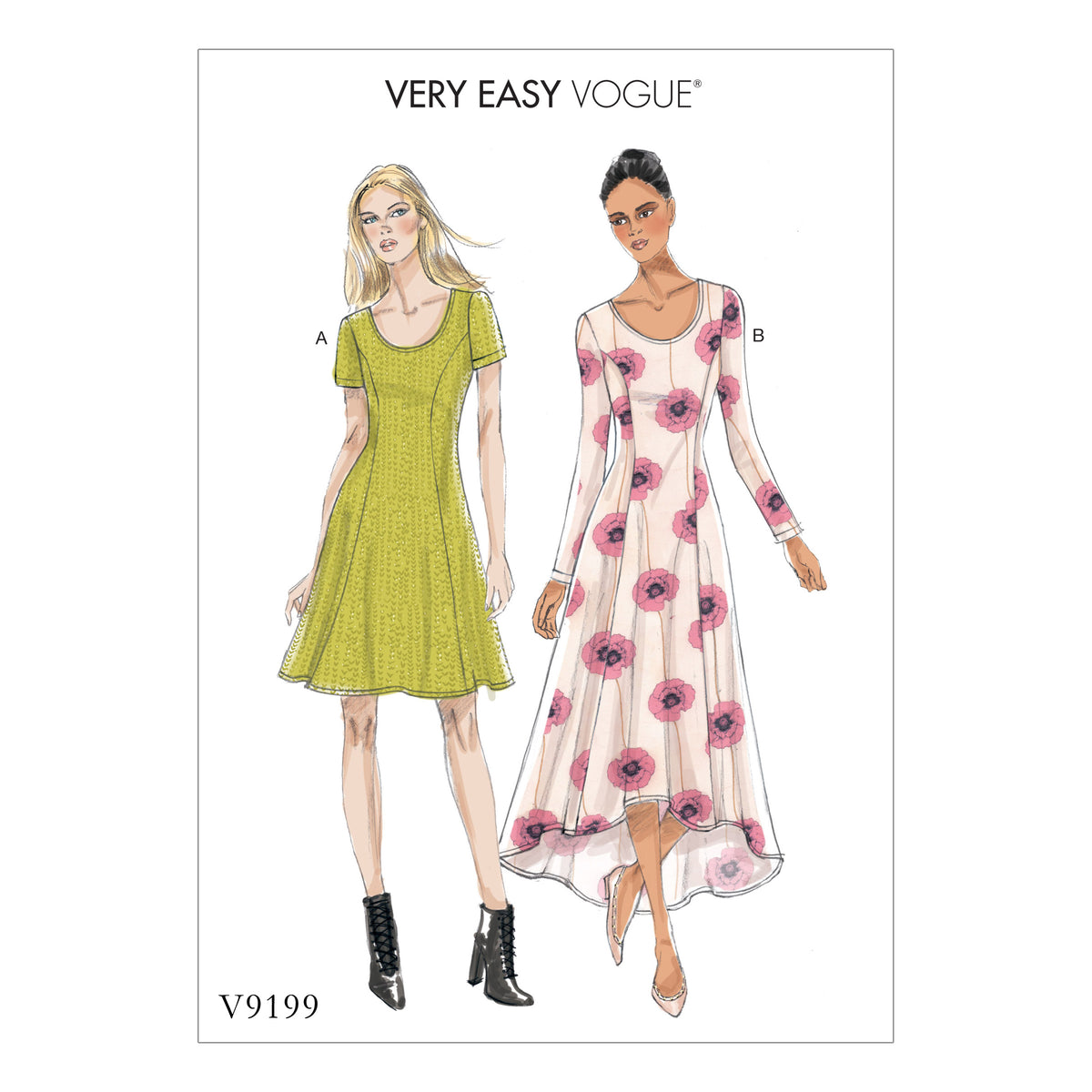 Vogue Patterns V9199 envelope showing misses' pullover dress designs
