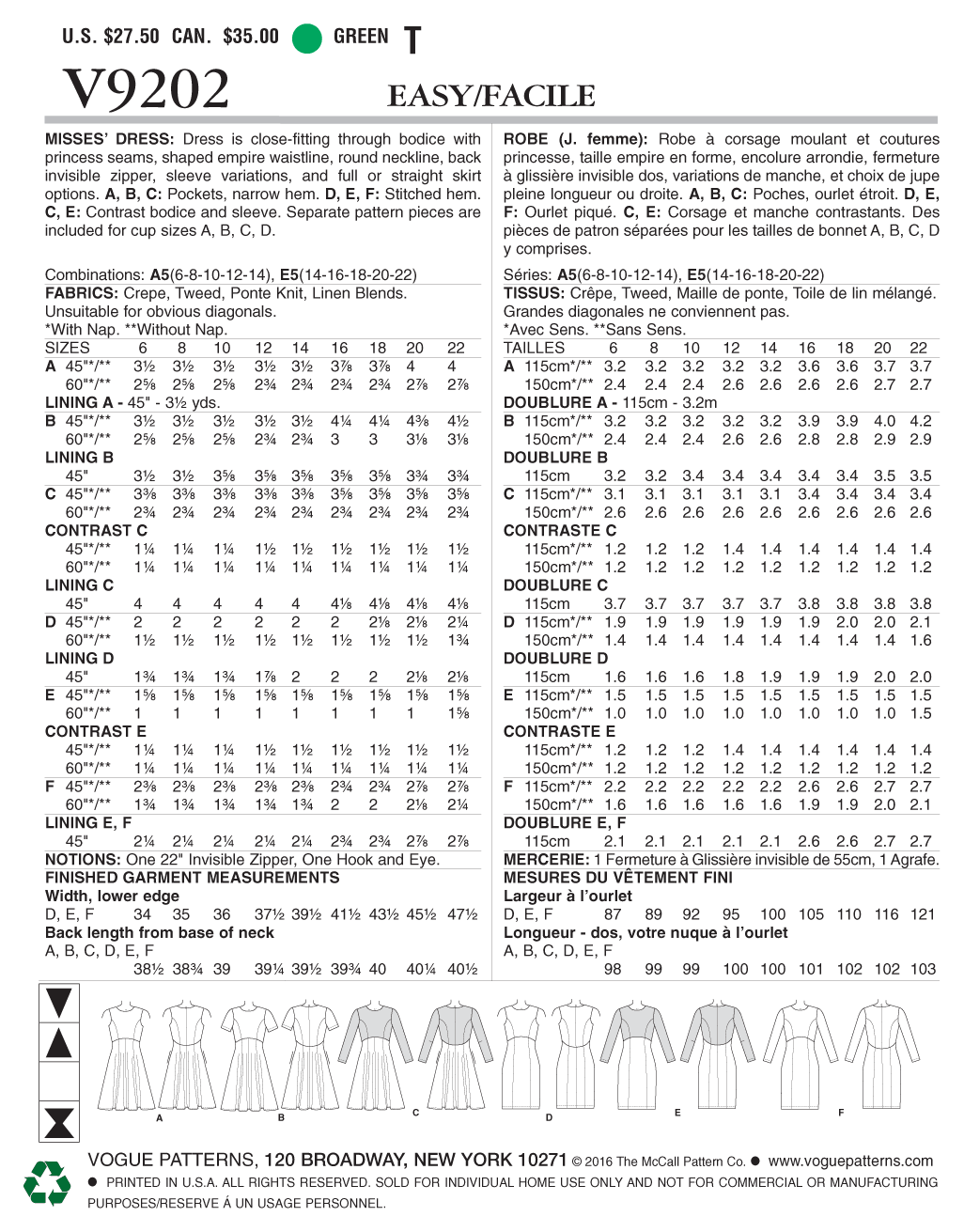 Vogue Patterns V9202 envelope showing misses' empire waist dress designs