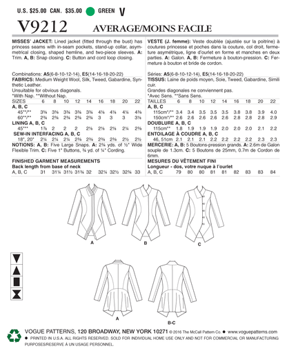 Vogue Patterns V9212 envelope showing misses' lined jacket designs