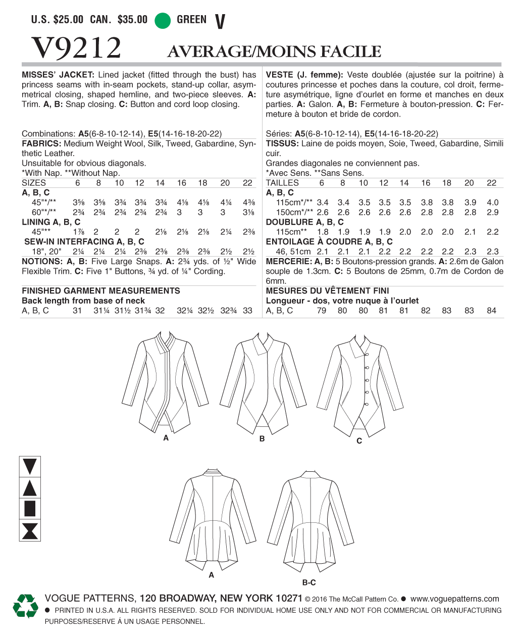 Vogue Patterns V9212 envelope showing misses' lined jacket designs