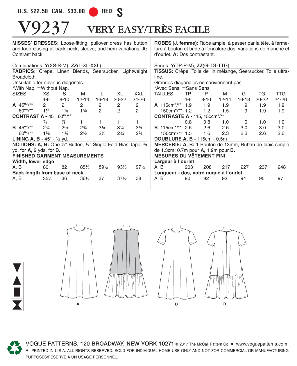 Vogue Patterns V9237 envelope showing misses' pullover dress designs