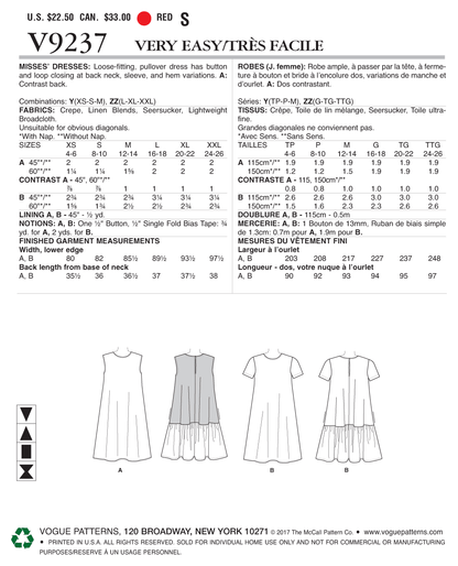 Vogue Patterns V9237 envelope showing misses' pullover dress designs