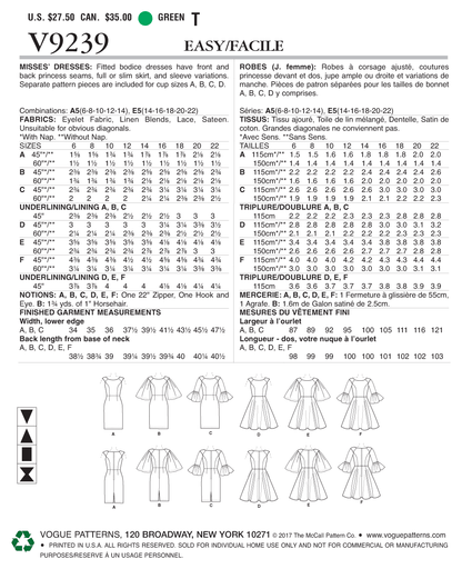 Vogue Patterns V9239 envelope showing misses' fitted bodice dress designs