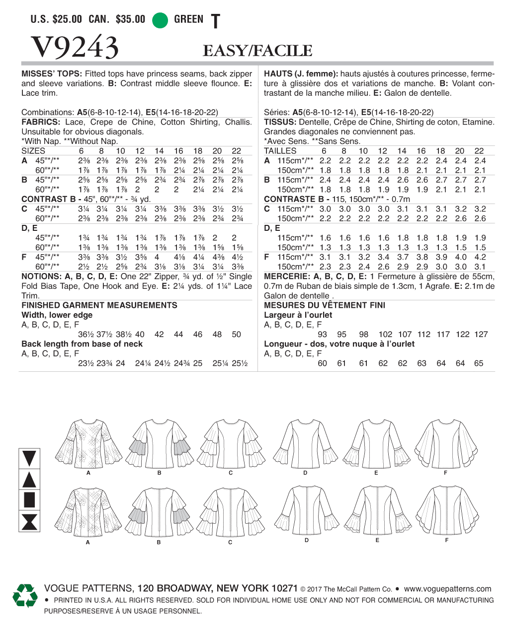 Vogue Patterns V9243 sewing pattern envelope showing the fitted top designs