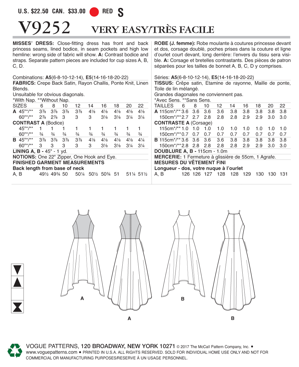 Vogue Patterns V9252 sewing pattern envelope showing the close-fitting dress designs