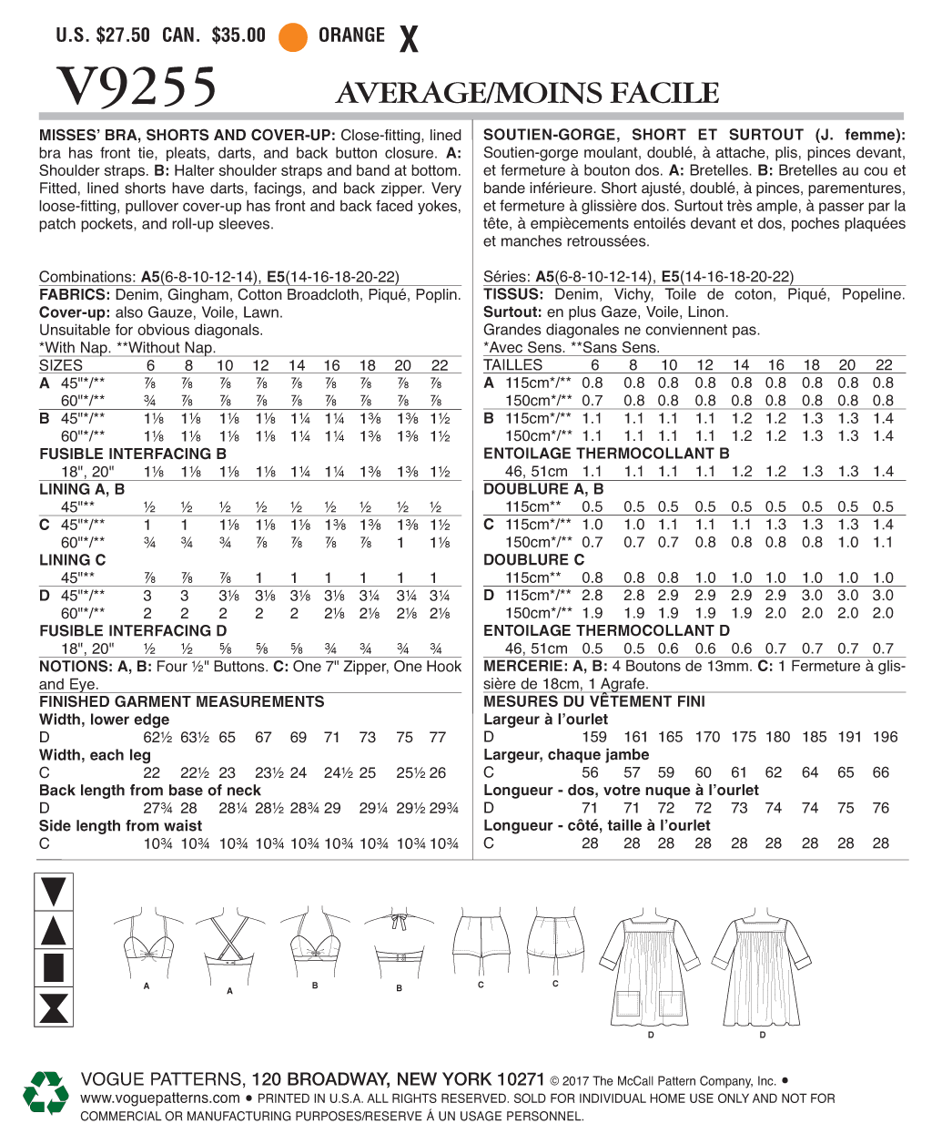 Vogue Patterns V9255 sewing pattern envelope showing the lined bra designs