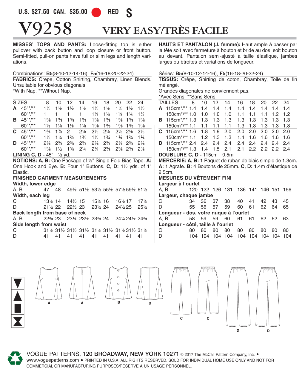 Vogue Patterns V9258 sewing pattern envelope showing the loose-fitting top designs