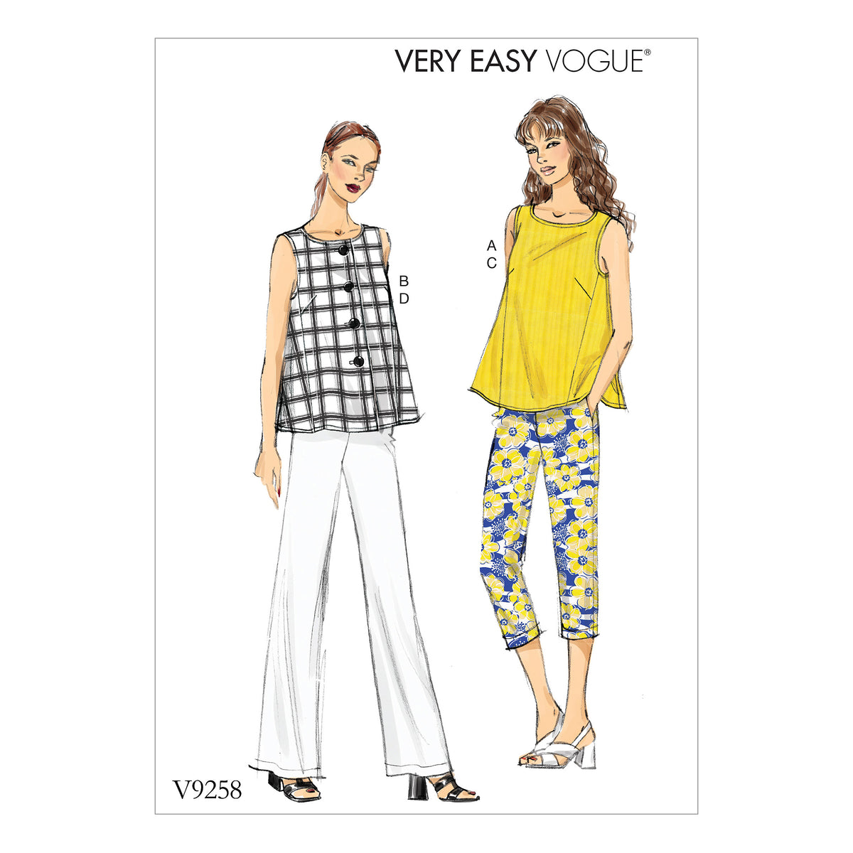 Vogue Patterns V9258 sewing pattern envelope showing the loose-fitting top designs