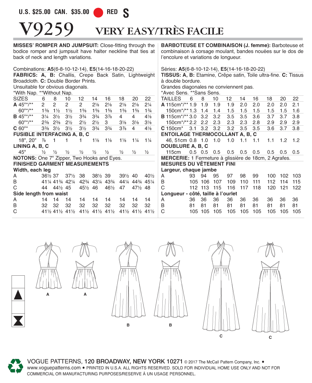 Vogue Patterns V9259 sewing pattern envelope showing the halter romper and jumpsuit designs