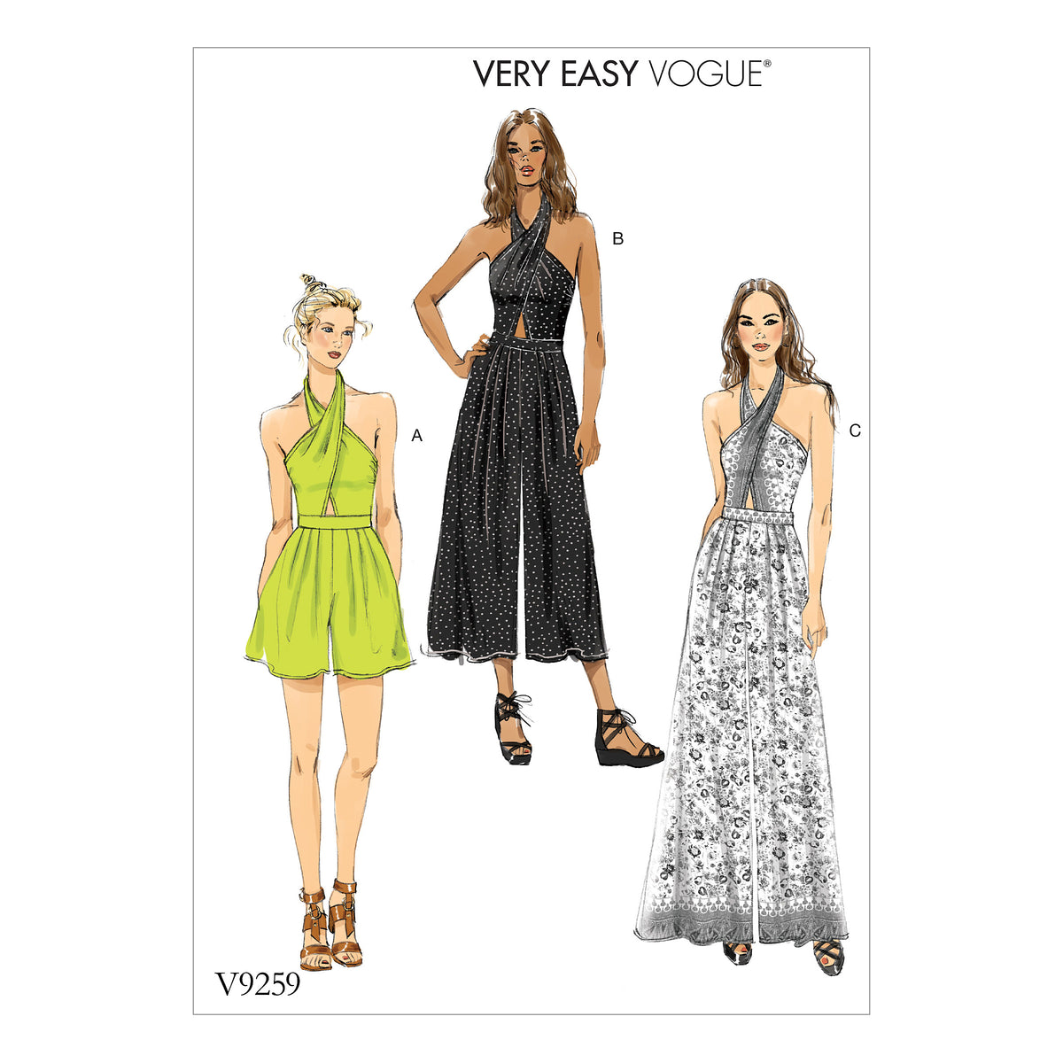 Vogue Patterns V9259 sewing pattern envelope showing the halter romper and jumpsuit designs