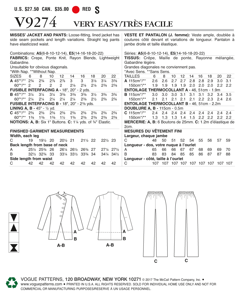 Vogue Patterns V9274 sewing pattern envelope showing the loose-fitting jacket designs