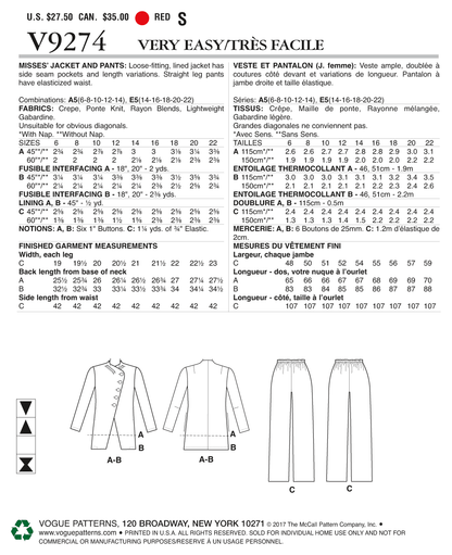 Vogue Patterns V9274 sewing pattern envelope showing the loose-fitting jacket designs