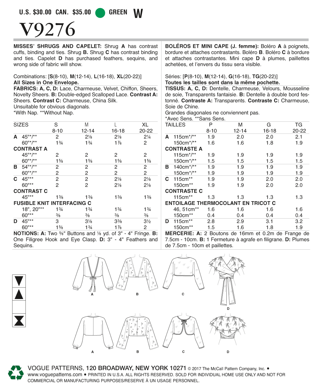 Vogue Patterns V9276 sewing pattern envelope showing the shrug designs