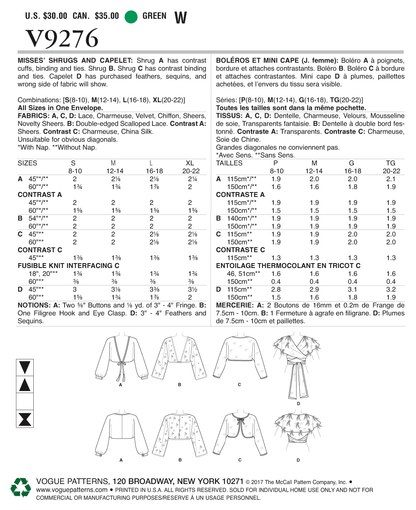 Vogue Patterns V9276 sewing pattern envelope showing the shrug designs