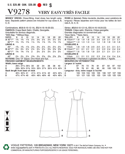 Vogue Patterns V9278 sewing pattern envelope showing the lined dress designs