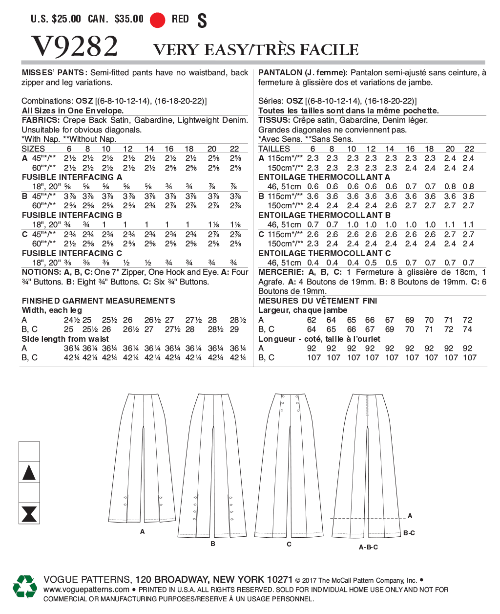 Vogue Patterns V9282 sewing pattern envelope showing the semi-fitted trousers designs