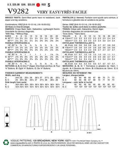 Vogue Patterns V9282 sewing pattern envelope showing the semi-fitted trousers designs
