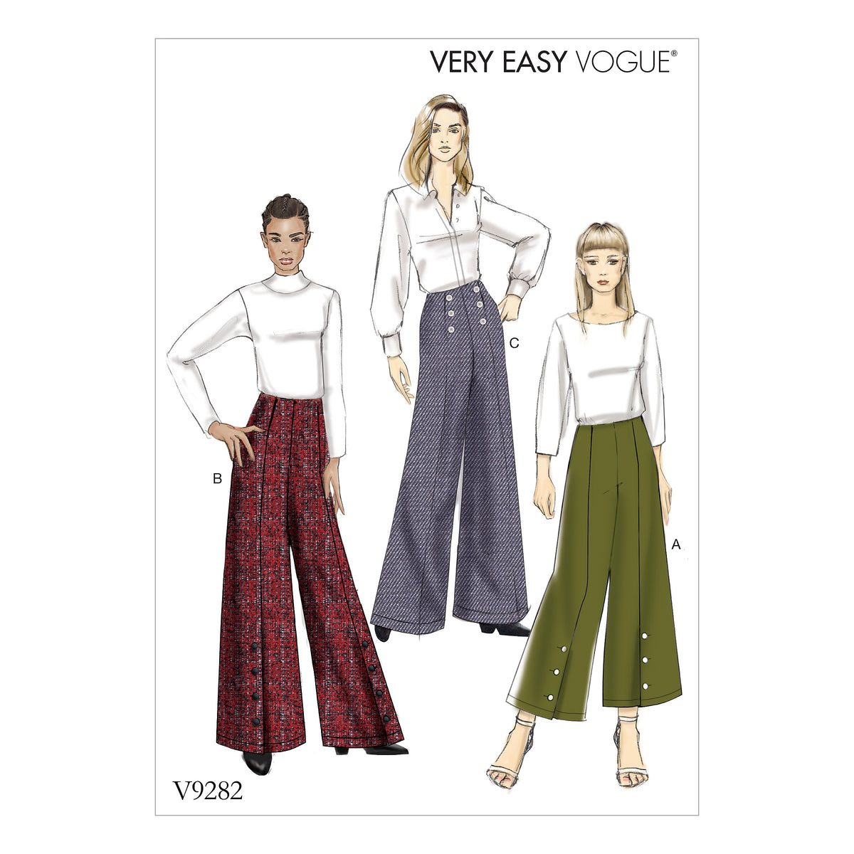 Vogue Patterns V9282 sewing pattern envelope showing the semi-fitted trousers designs