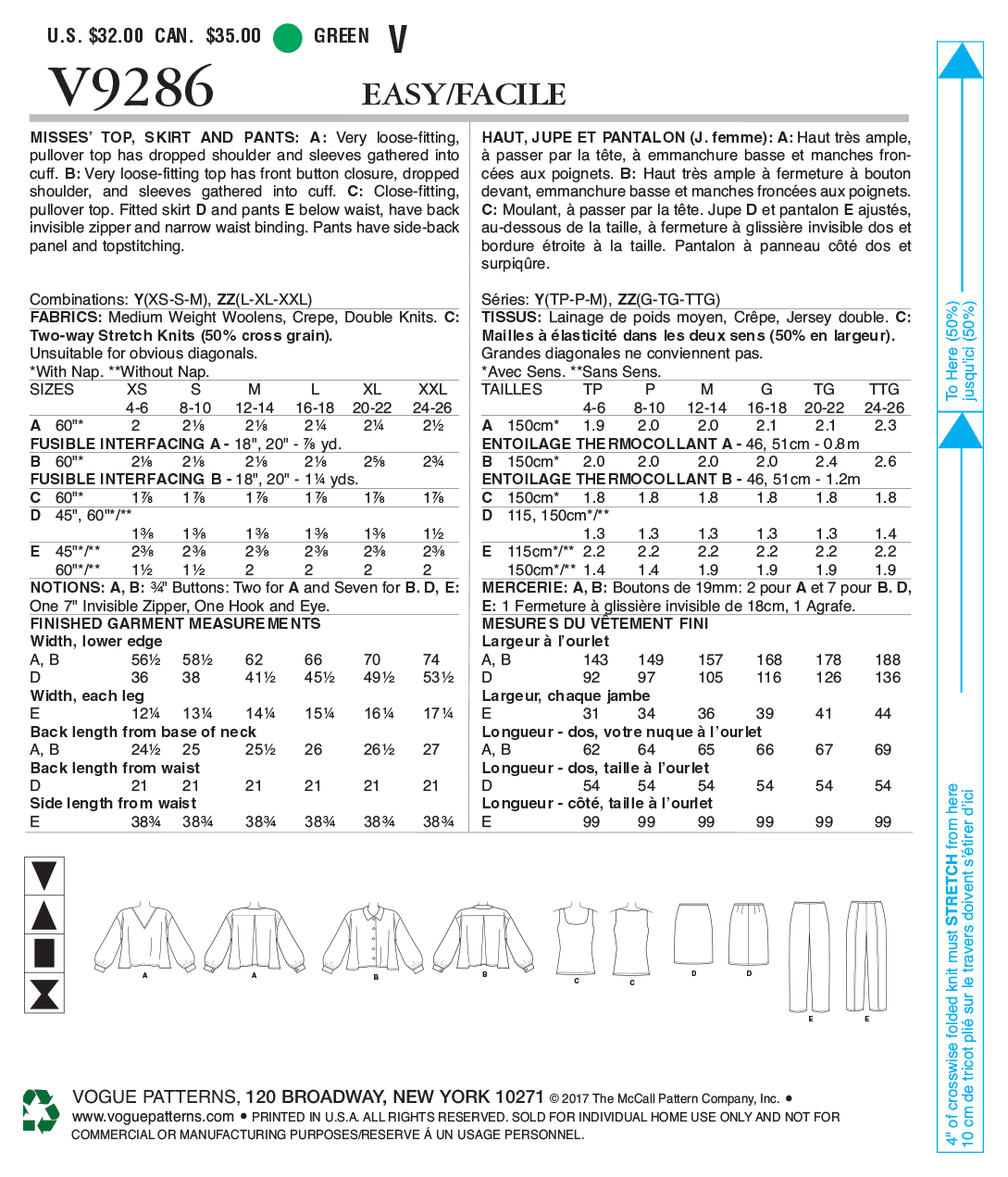 Vogue Patterns V9286 sewing pattern envelope showing the pullover top designs