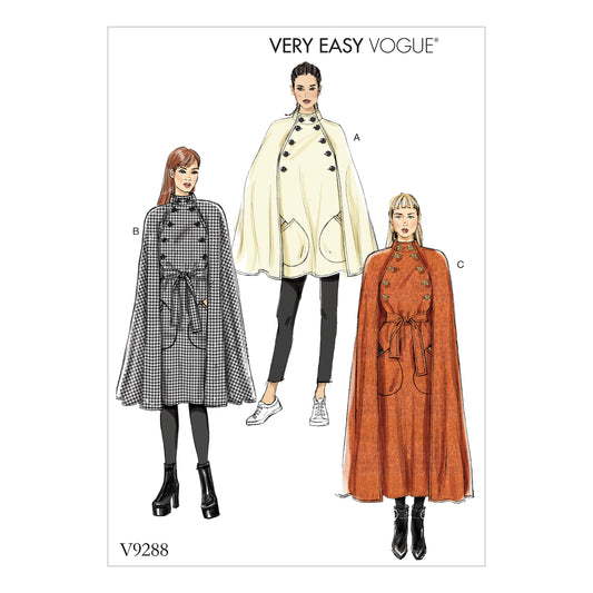 Vogue Patterns V9288 sewing pattern envelope showing the unlined cape designs