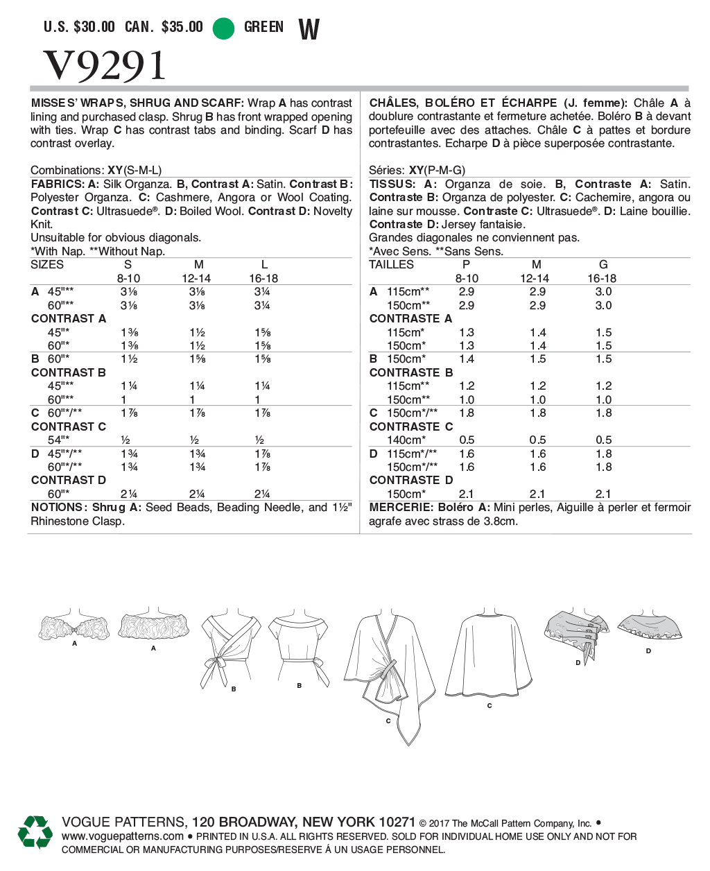 Vogue Patterns V9291 sewing pattern envelope showing the wrap designs
