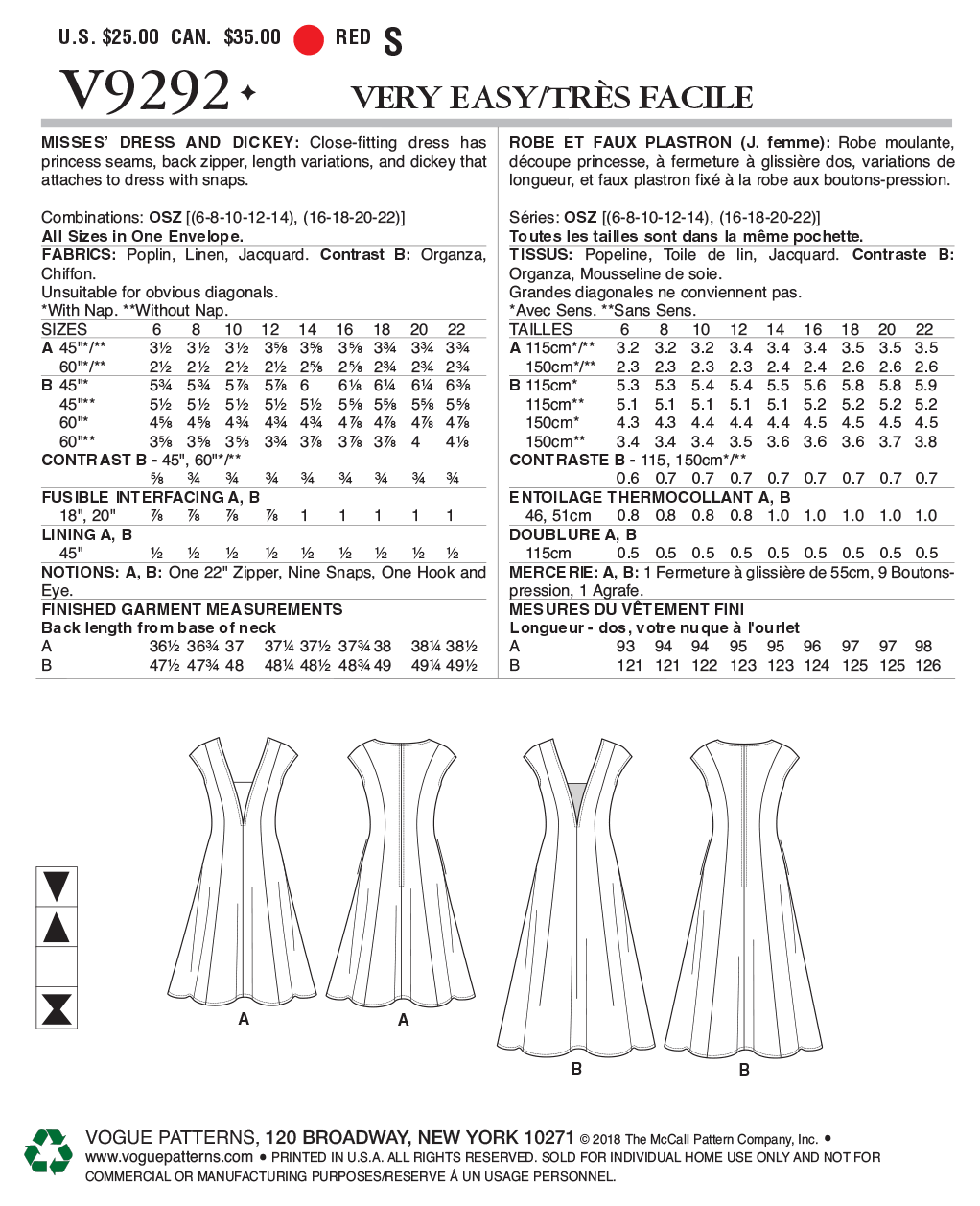 Vogue Patterns V9292 sewing pattern envelope showing the fitted dress with dickey designs
