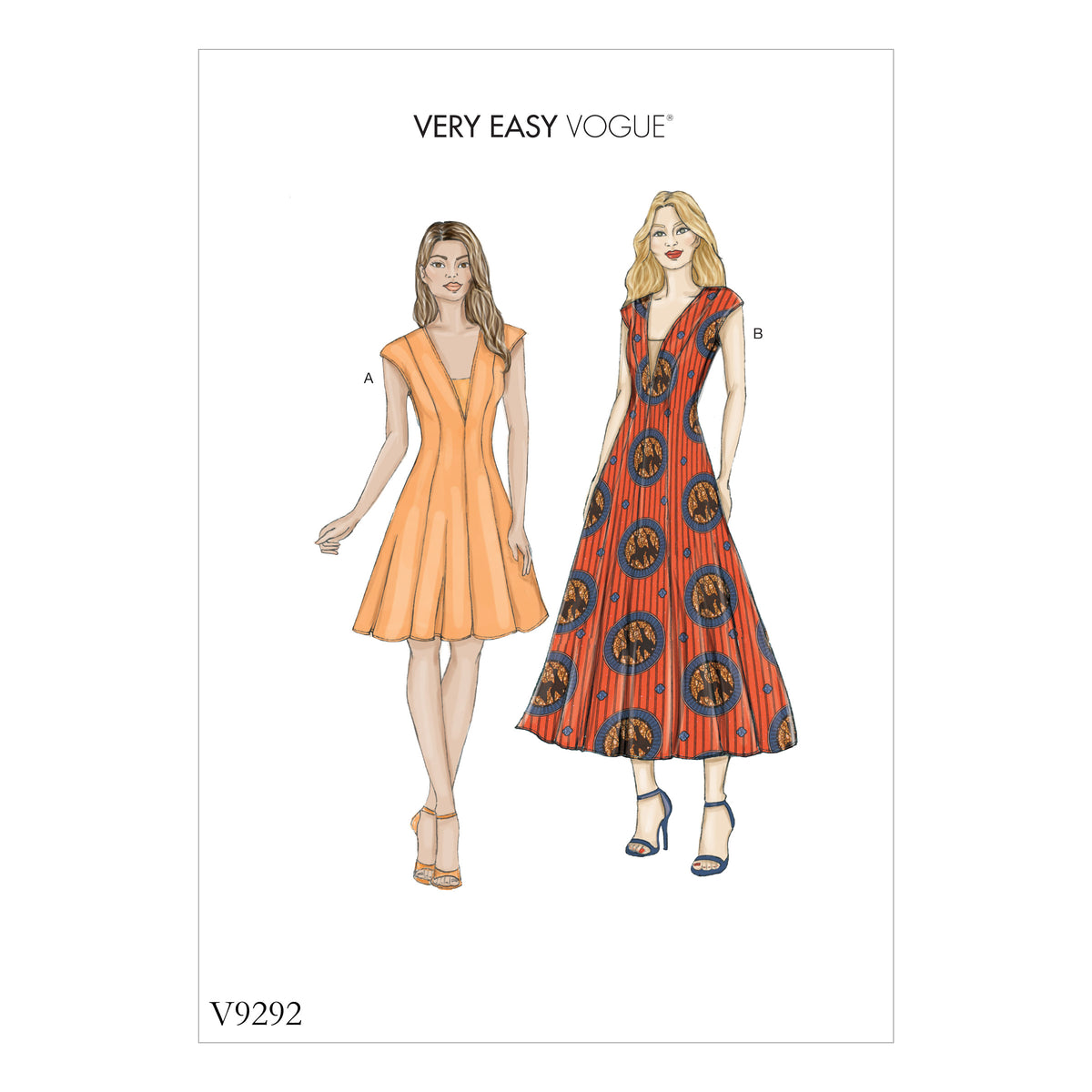 Vogue Patterns V9292 sewing pattern envelope showing the fitted dress with dickey designs