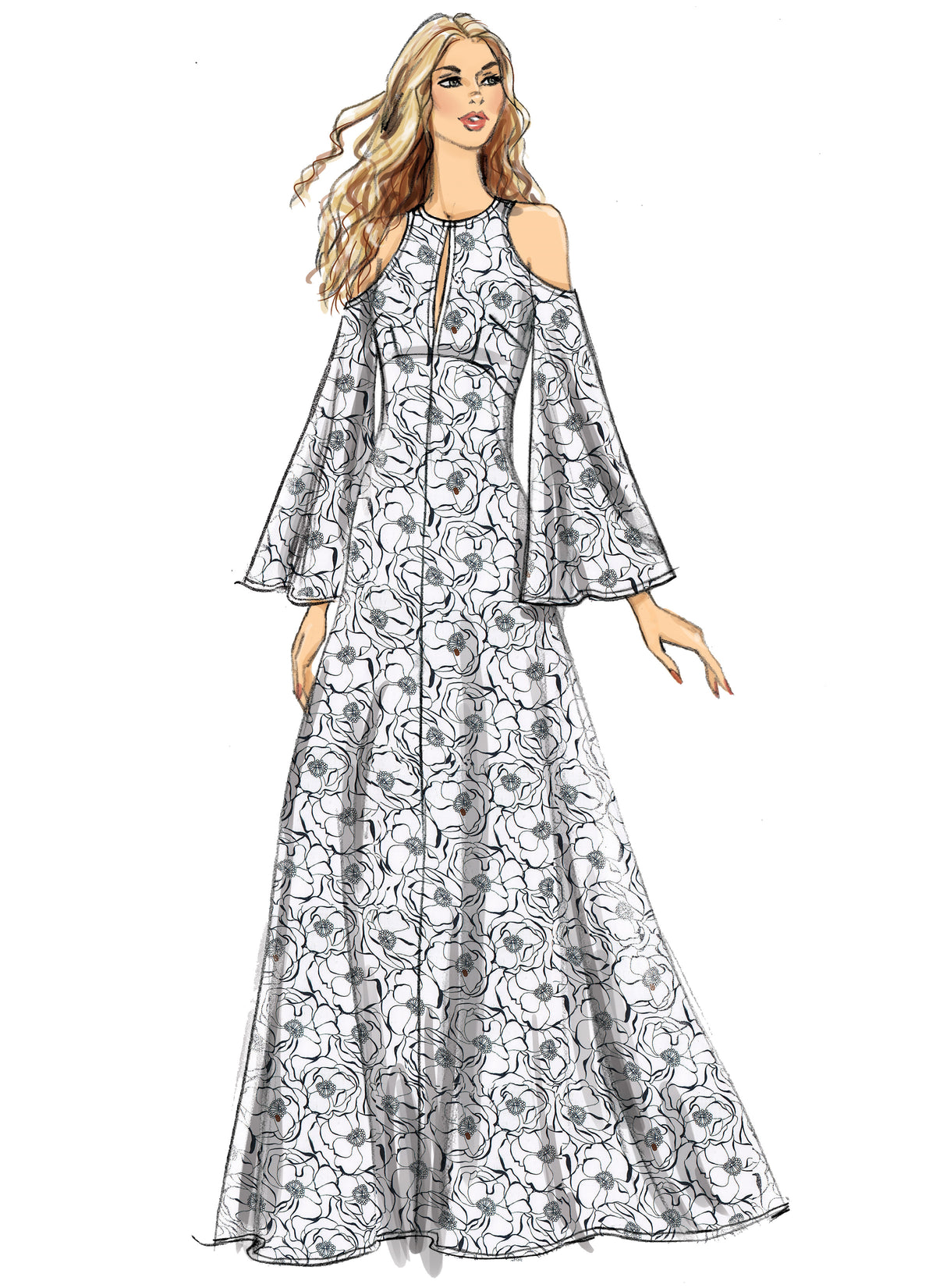 Vogue Patterns V9296 sewing pattern envelope showing the cold shoulder dress designs