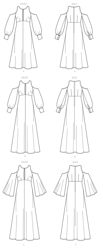 Vogue Patterns V9296 sewing pattern envelope showing the cold shoulder dress designs