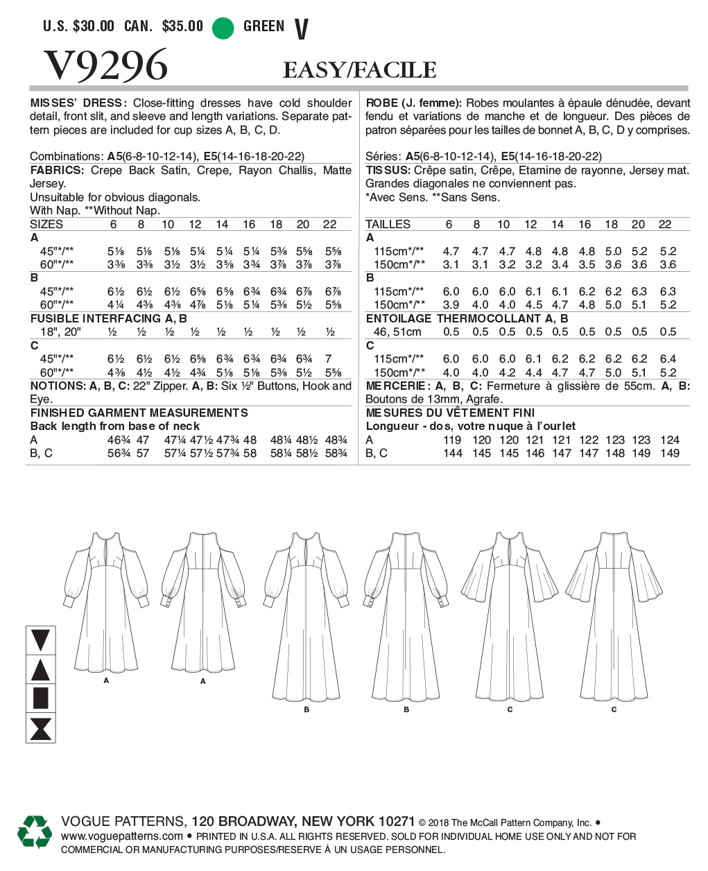 Vogue Patterns V9296 sewing pattern envelope showing the cold shoulder dress designs